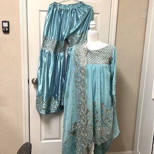 Pakistani Indian shalwar kameez 3 piece blue color suit branded size small #249